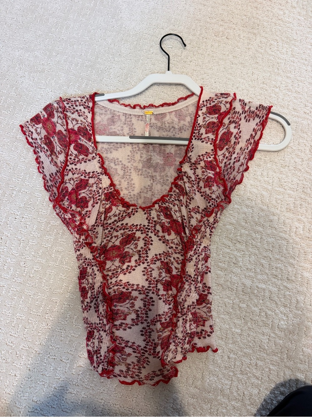 Free People Womenโs Oh my Baby Red Floral Mesh V-Neck Camisole